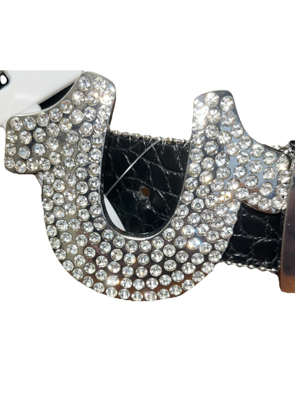 🔥True Religion Womens Horseshoe Rhinestone Silver Croco Print Belt Black Size M